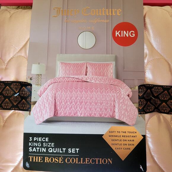 Juicy Couture King Pink Coquette Cute Satin Heart Stitched 3 Piece Quilt Set NWT - Picture 3 of 8